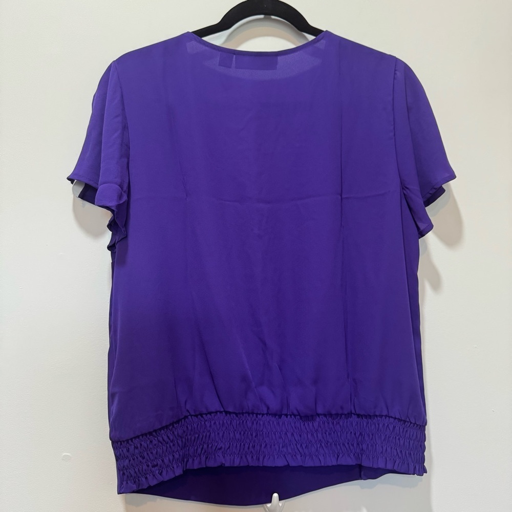 NY Collection Deep Purple V-Neck Button Front Blouse - Picture 3 of 8